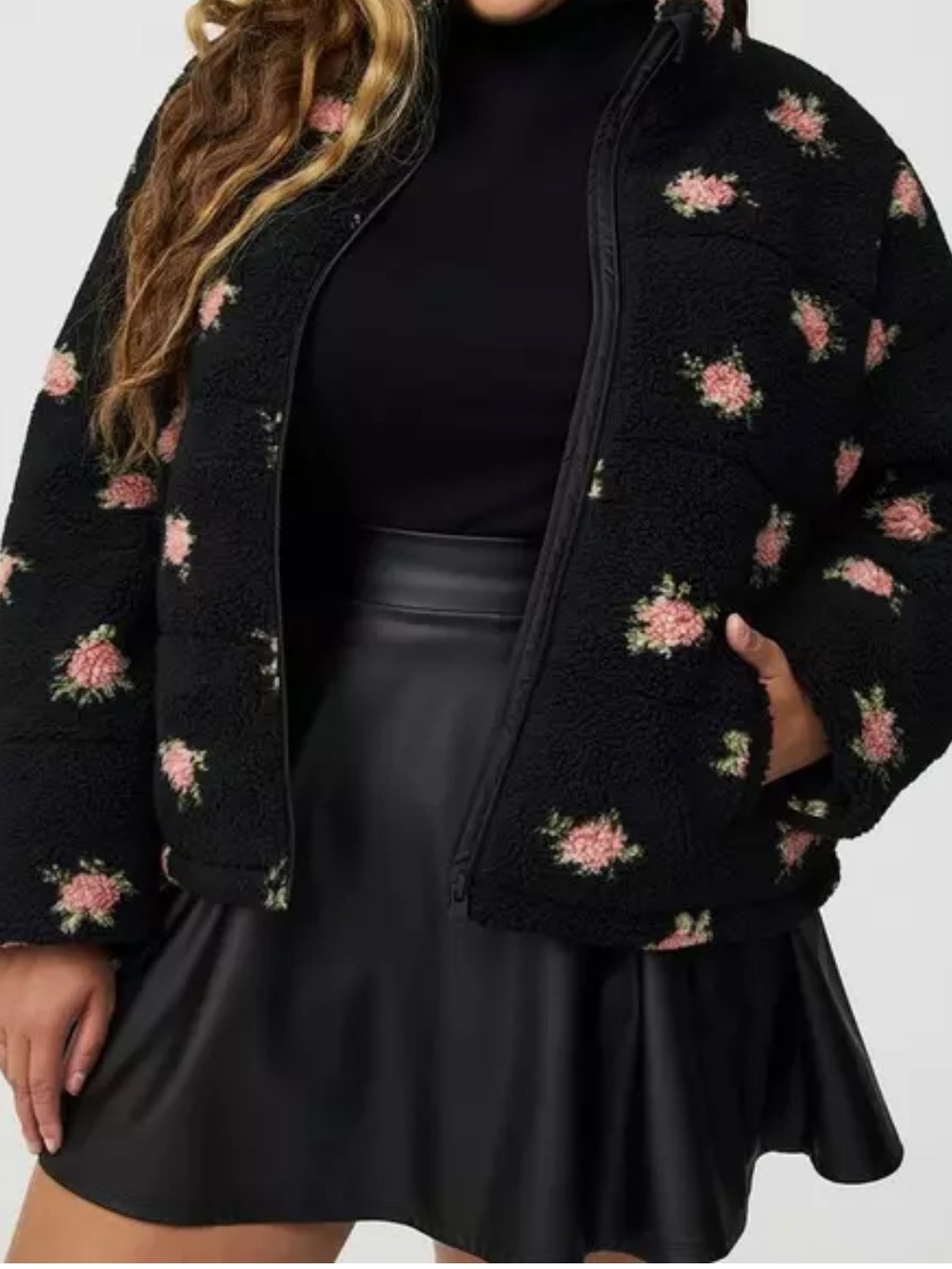 NWT TorreisFloral Sherpa Zip Jacket - Black with Pink Blossoms